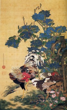 日本 Painting - 雄鶏と紫陽花の雌鶏 伊藤若冲